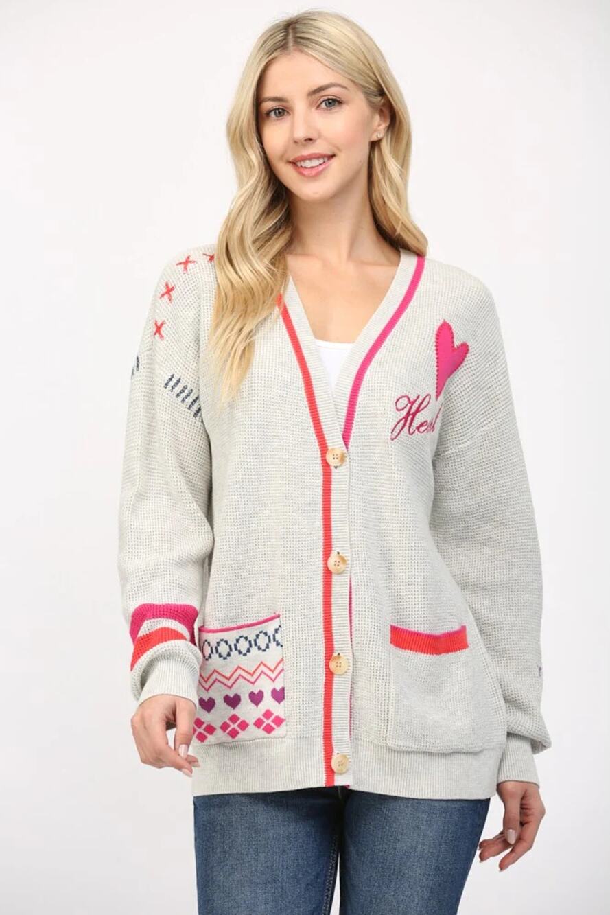 NWT Fate Embroidered Heart Front Button Waffle Knit Cardigan Heather Gray Medium